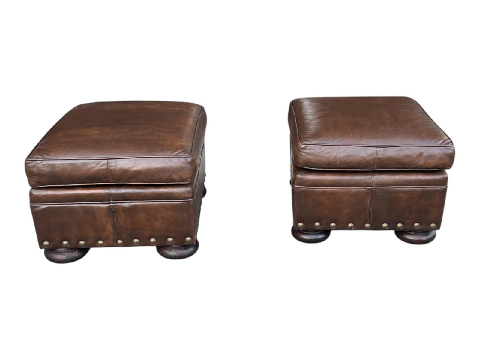 1960s Classic Pair of Brown Leather Ottomans With Brass Nailhead Trim - 14