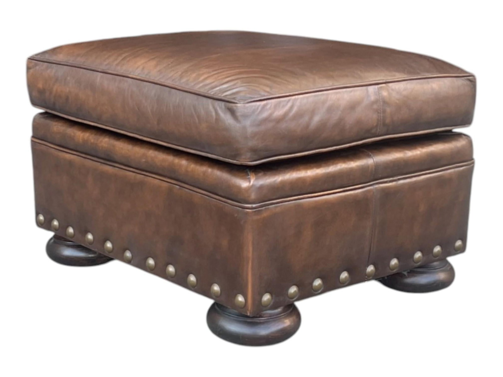 1960s Classic Pair of Brown Leather Ottomans With Brass Nailhead Trim - 5