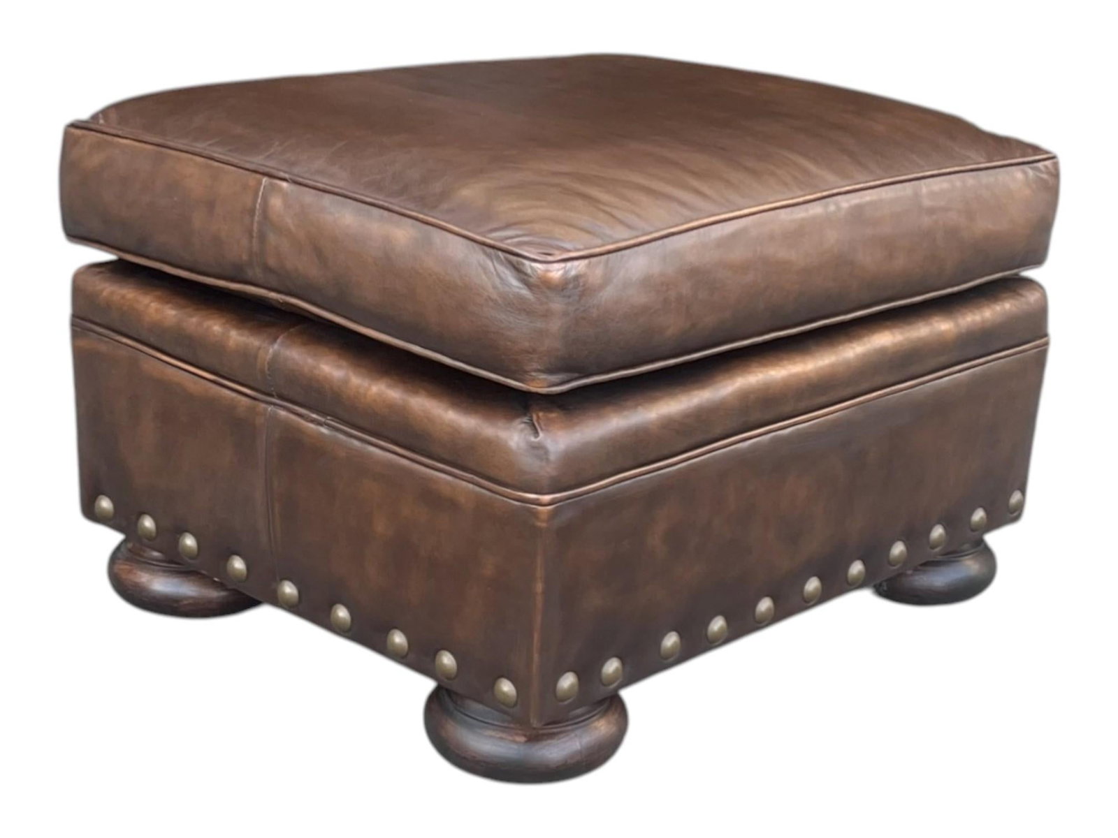 1960s Classic Pair of Brown Leather Ottomans With Brass Nailhead Trim - 7