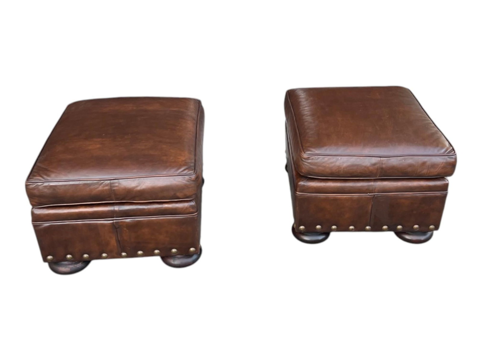 1960s Classic Pair of Brown Leather Ottomans With Brass Nailhead Trim - 9