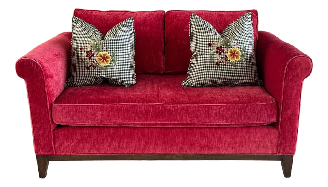 Kristin Drohan Collection Red Velvet Love Seat With Embroidered Down-Filled Throw Pillows (1 of 11)