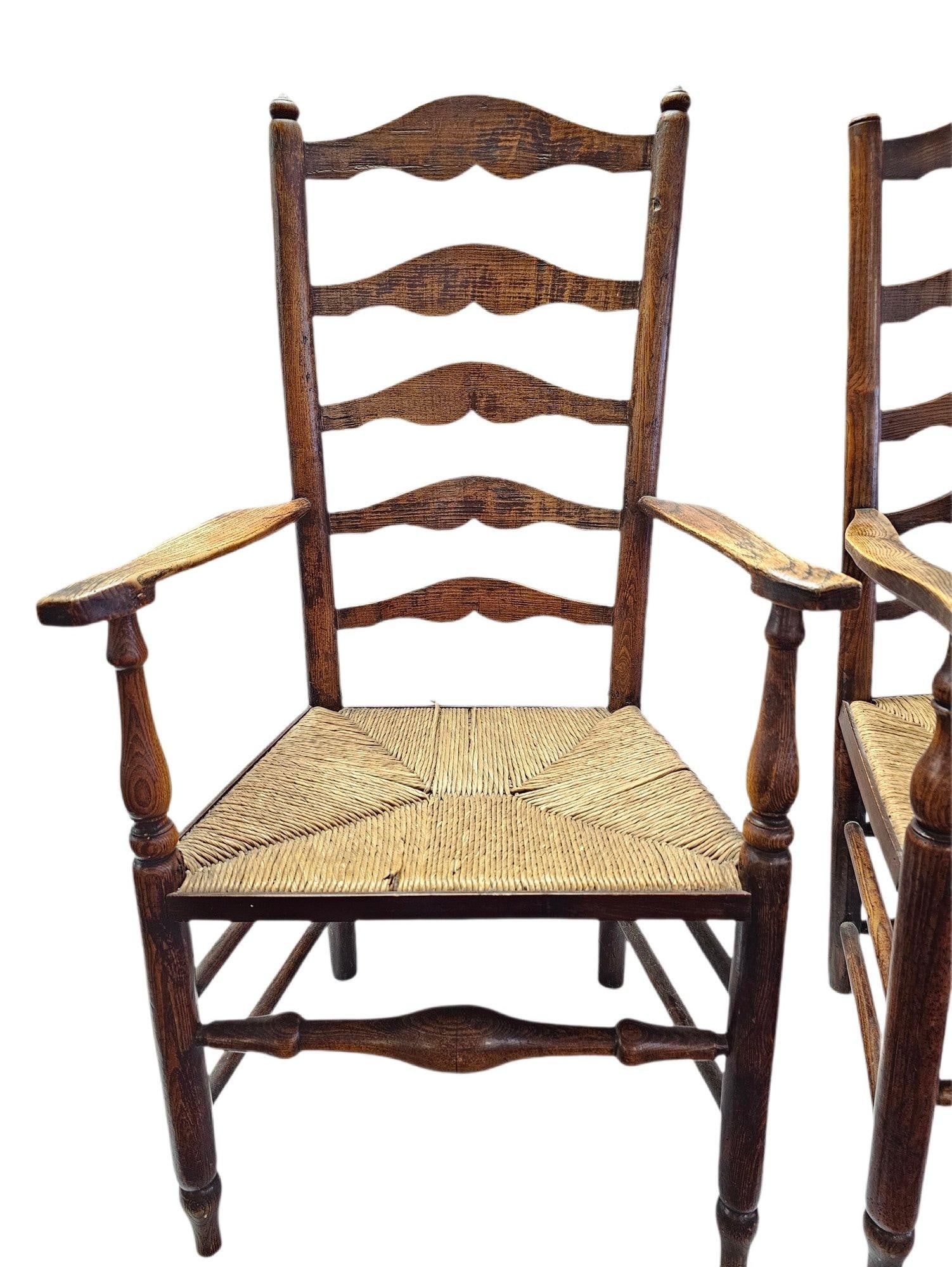 Matched Pair of Antique Eighteenth-Century English Ladderback Rush Seat Chairs - 3