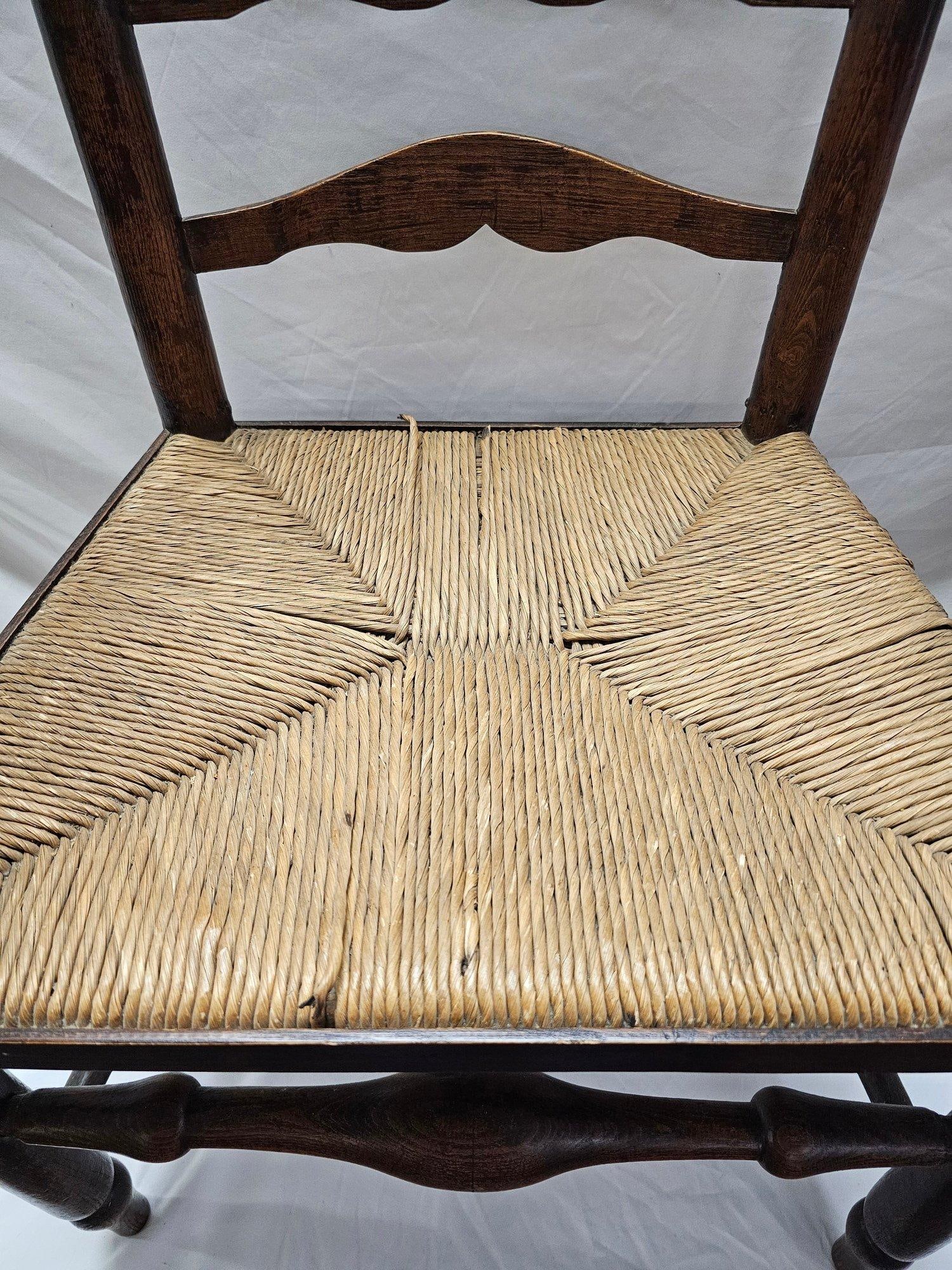 Matched Pair of Antique Eighteenth-Century English Ladderback Rush Seat Chairs - 6