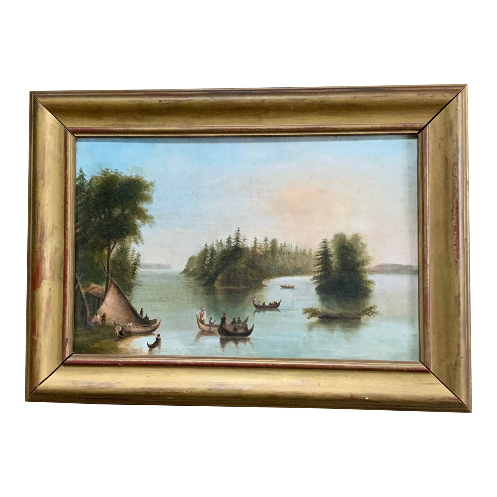 North American Indian Camp on the St. Lawrance .Oil on Canvas With Gilt Frame. Canadian 19th Century: Canadian Oil on Canvas of an Indian Camp on the St. Lawrance. Unsigned school of Cornelius Krieghoff. Gilt Frame supplied by H.C. Hastings Boston Ma. Professionally restored in 1979. Circa 1880. Site