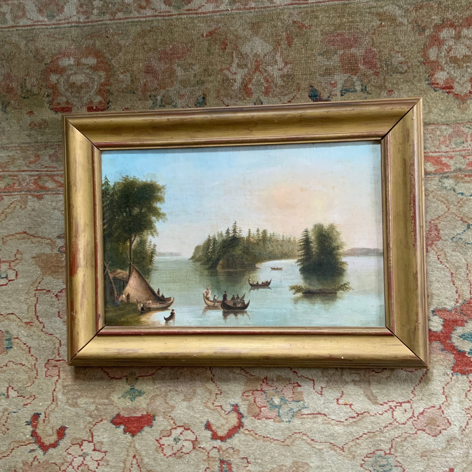North American Indian Camp on the St. Lawrance .Oil on Canvas With Gilt Frame. Canadian 19th Century - 2