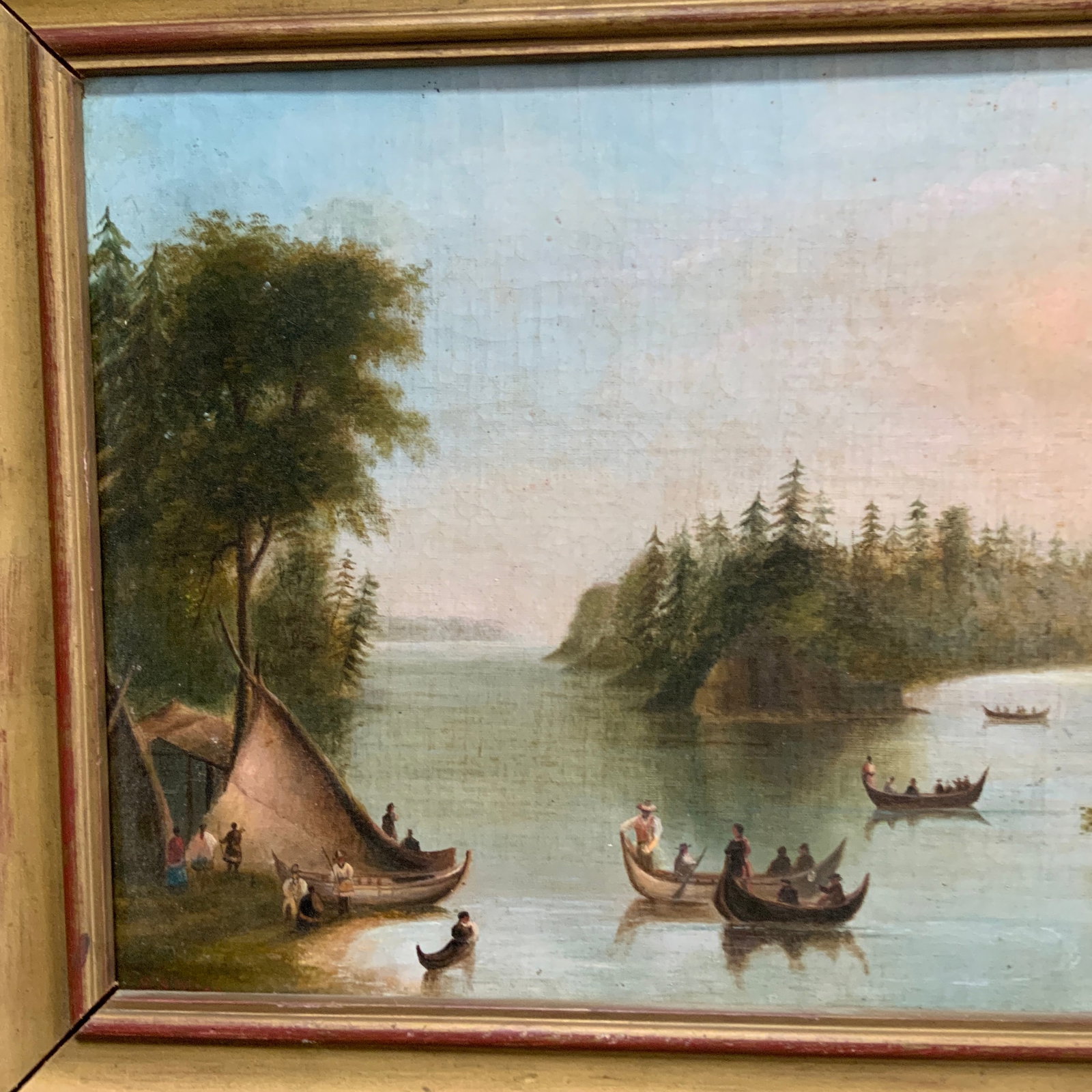 North American Indian Camp on the St. Lawrance .Oil on Canvas With Gilt Frame. Canadian 19th Century - 3