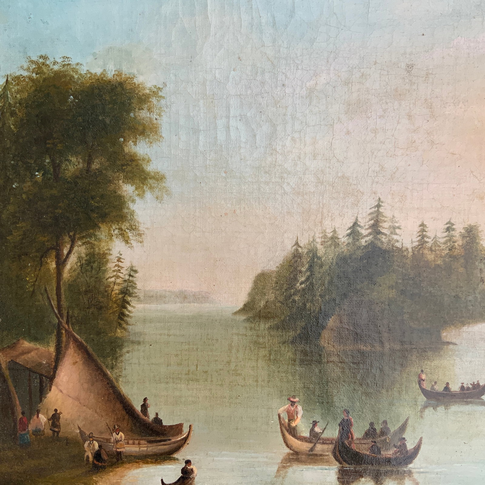 North American Indian Camp on the St. Lawrance .Oil on Canvas With Gilt Frame. Canadian 19th Century - 6