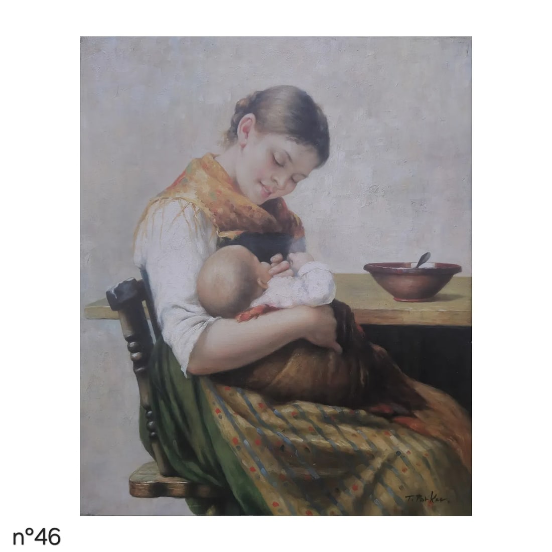 Mid-20th Century Signed T. Parker - Mother and Child Interior Scene, Oil on Canvas - 2