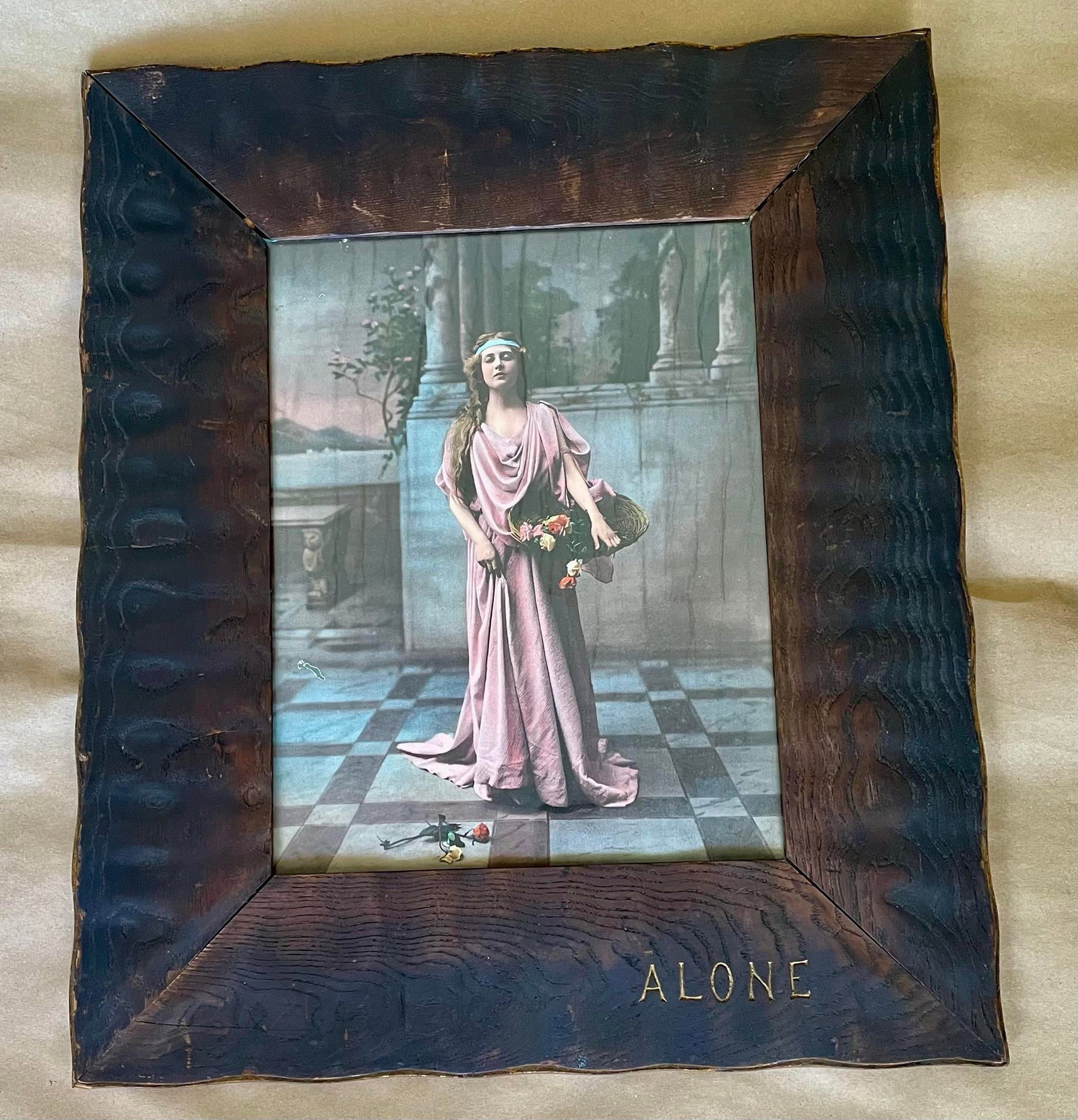 Early 20th Century Art Nouveau Arts & Crafts Hand Carved Oak Frame W/Print of Woman "Alone" Reproduc - 2