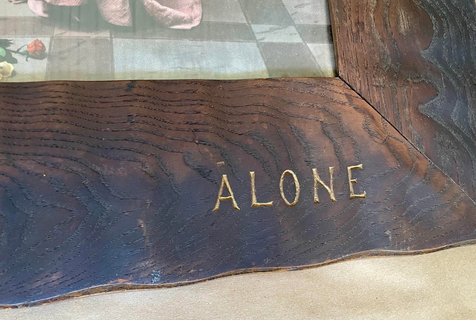 Early 20th Century Art Nouveau Arts & Crafts Hand Carved Oak Frame W/Print of Woman "Alone" Reproduc - 4