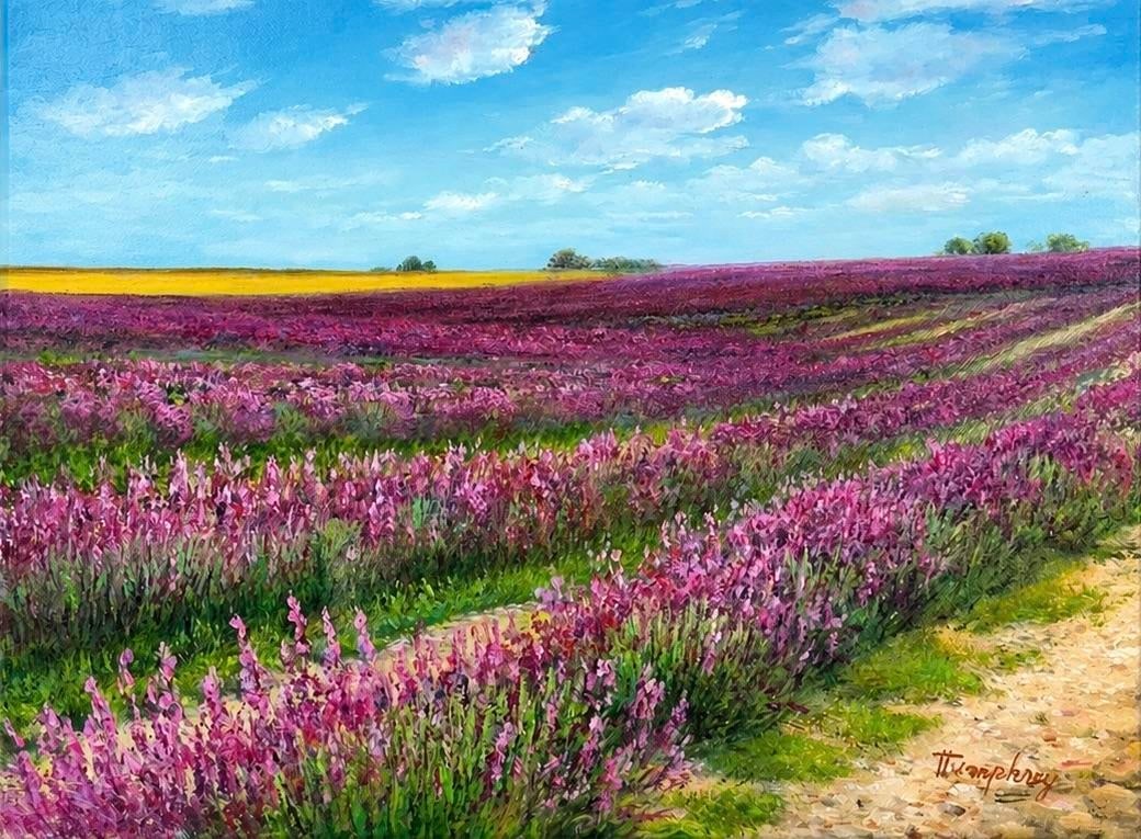 Lavender Field Countryside Landscape Oil Painting on Canvas by Humprey - 3
