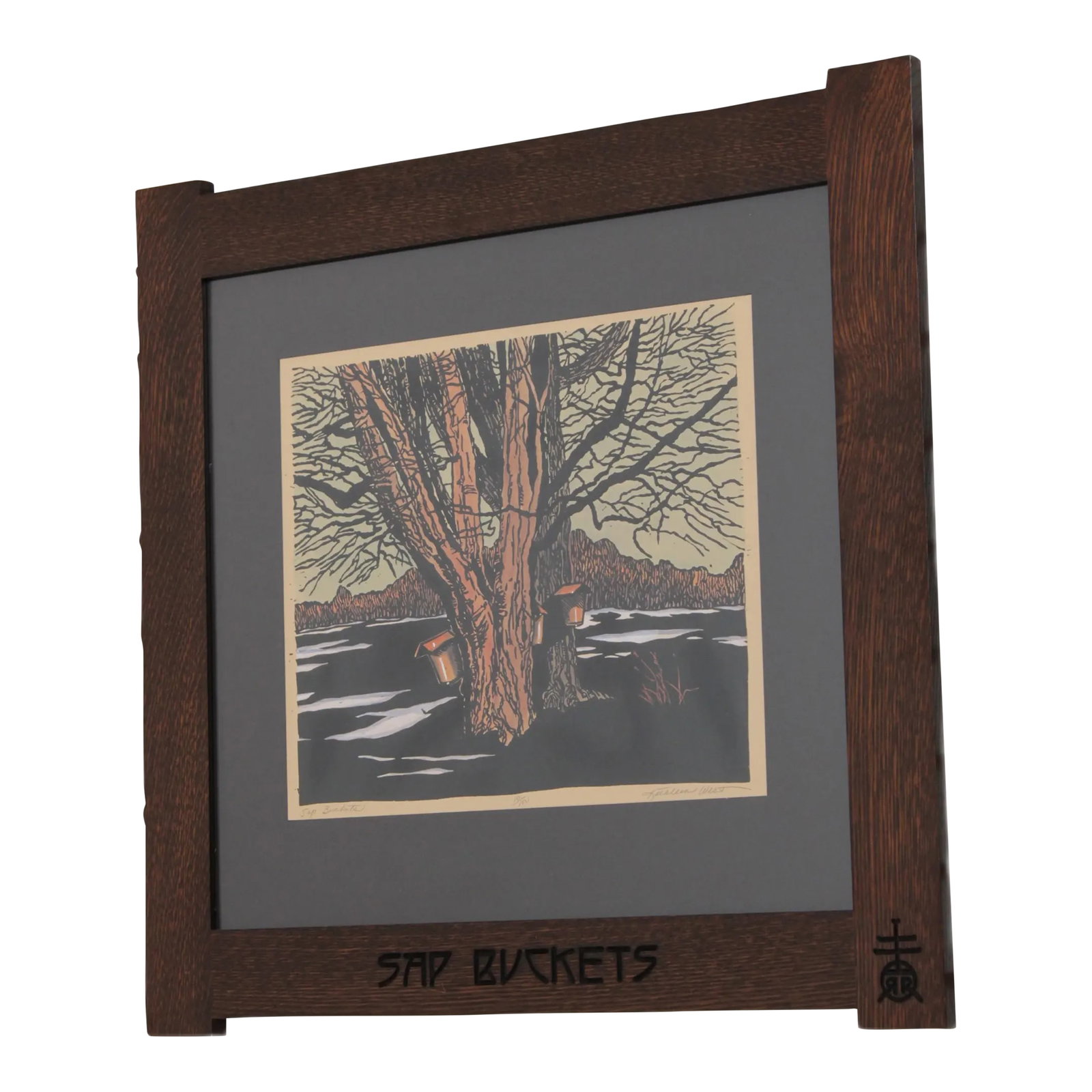 Kathleen West Sap Buckets Arts & Crafts Oak Framed Print: Age: C.2002 Details: Arts & Crafts Style High Quality Construction Signed & Numbered Condition: Excellent Original Finish & Condition Size: 28w x 1d x 27h Condition: Alterations: Original Condition