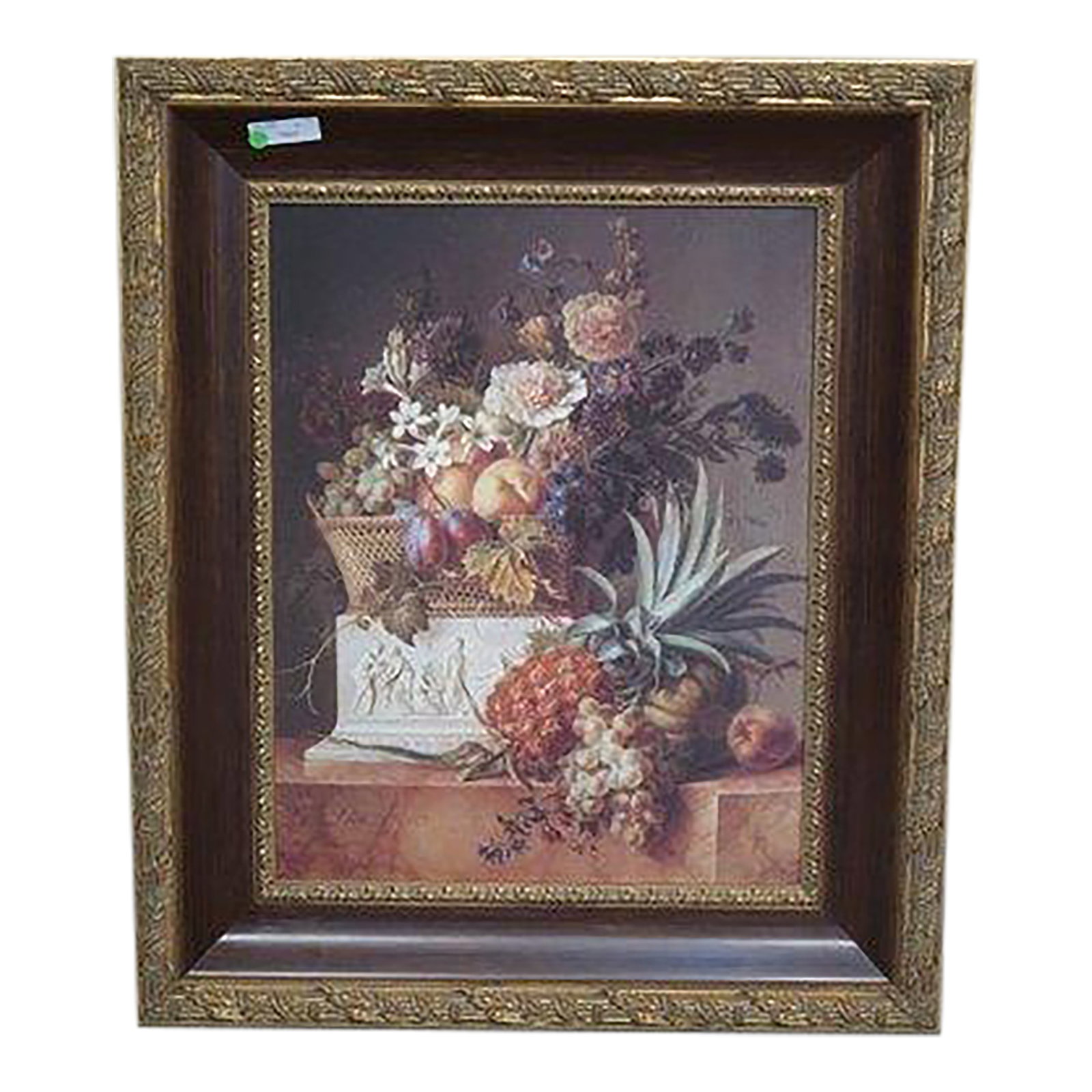 Fruit & Floral Basket Framed Transfer Print: Age: Approx. 5 Years Old Condition: Excellent Clean Original Finish & Condition Size: 32w x 38h Condition: Alterations: Original Condition Unaltered Imperfections: Some Imperfections Condition Notes: