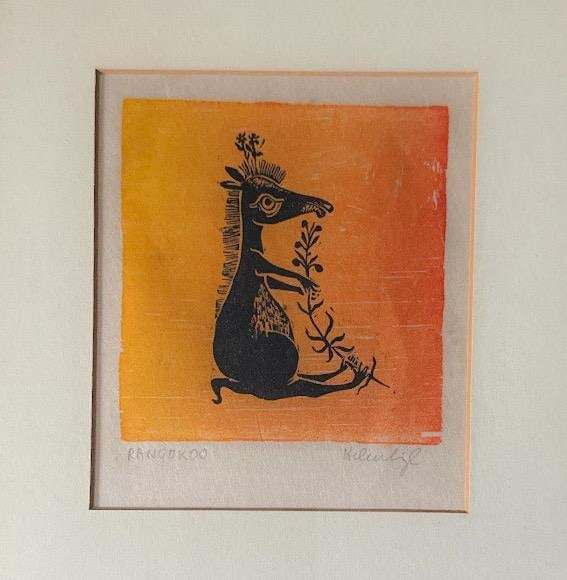 Vintage Helen Siegl Hand-Signed Fine Art Woodcut Print Rangoroo Mid Century Modern Folk Art Whimsica - 2