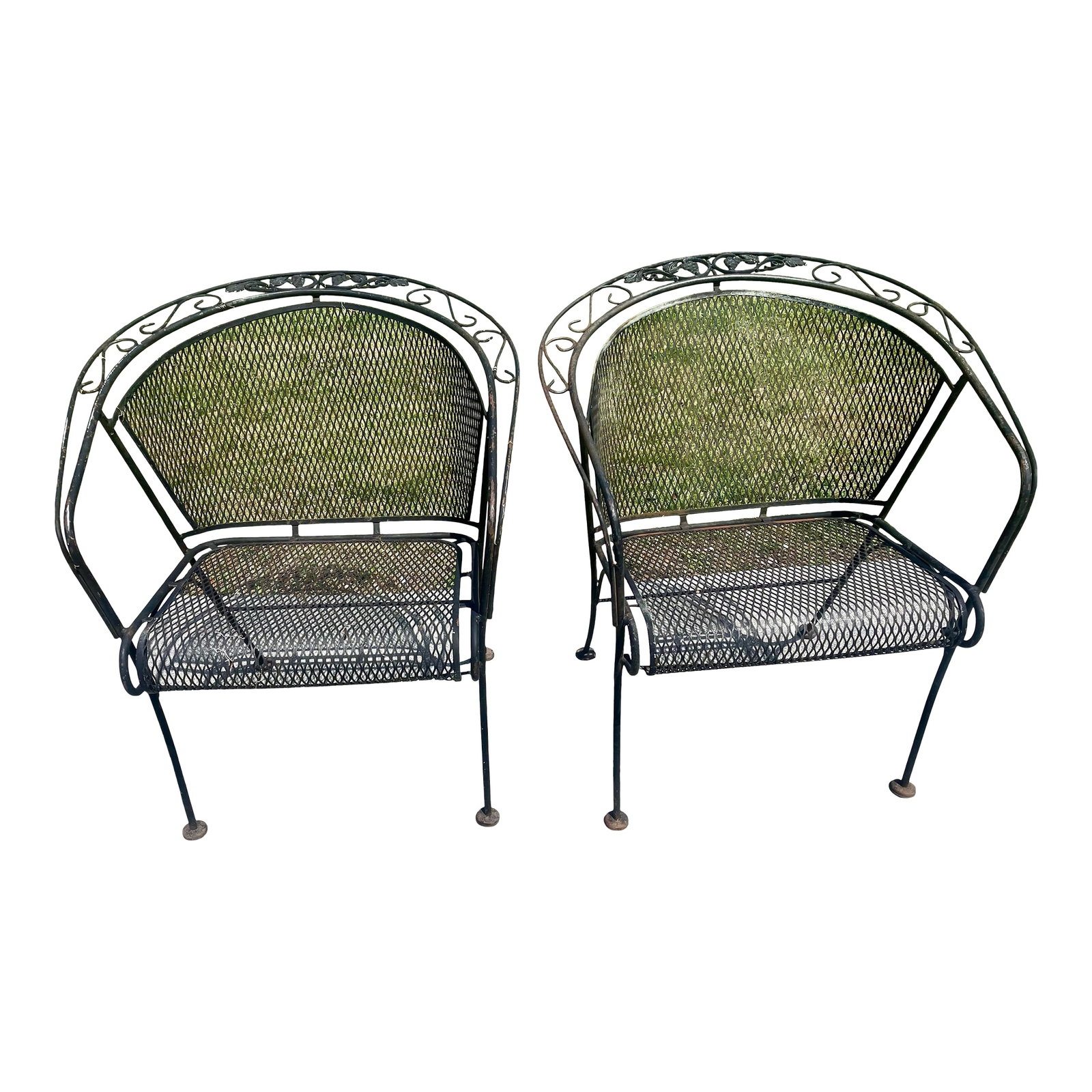 Mid 20th Century Russell Woodard Grapevine Barrel Back Wrought Iron Grape Pair of Chairs: This grapevine is a harder to find Woodard pattern and these chairs have the quality and comfort we expect from them with a diamond mesh barrel back and seat. This pair is in good vintage condition wi