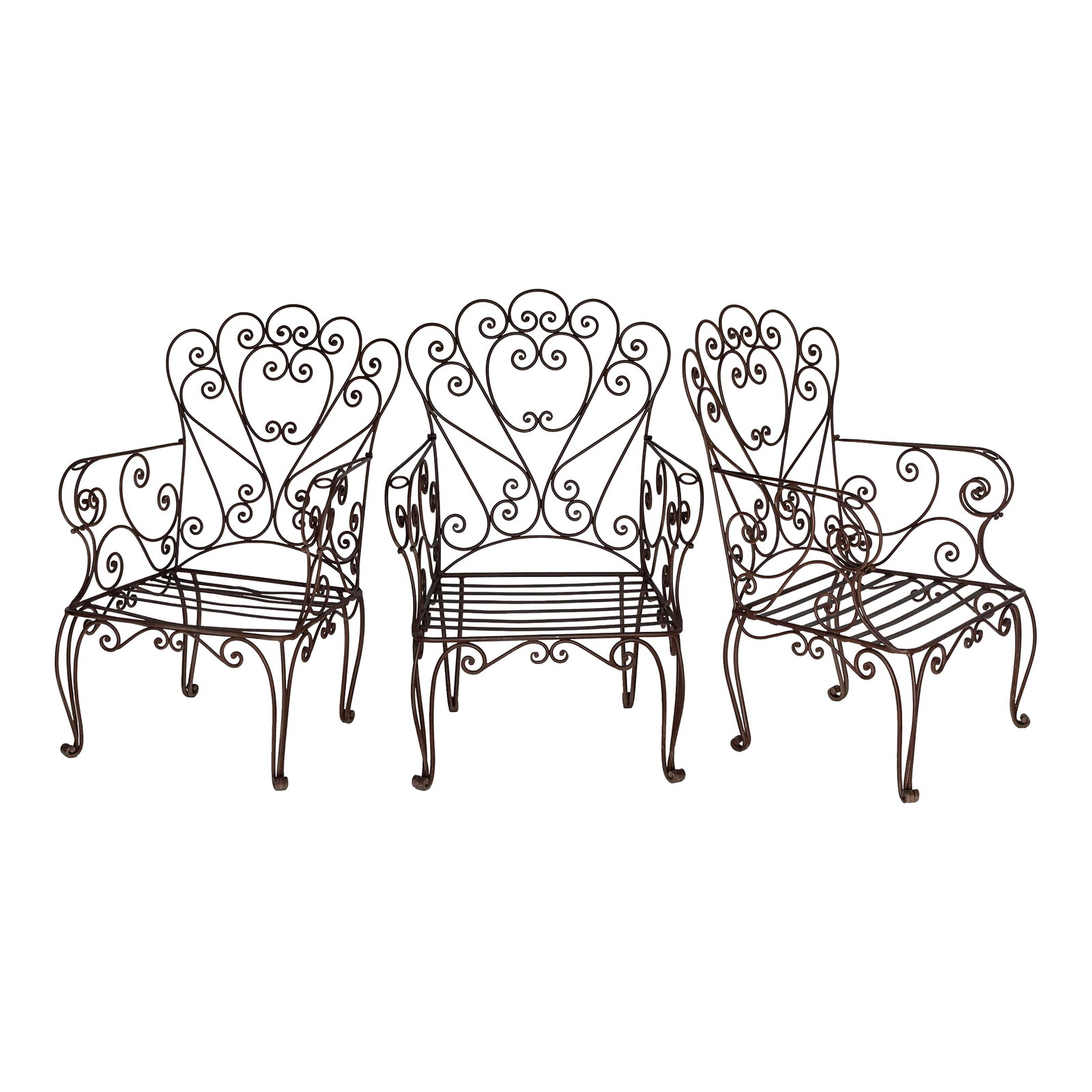 Vintage Wrought Iron Garden Chairs, Set/3: A Beautiful Set of Three Vintage Handcrafted Wrought Iron Garden Chairs. A Lovely Rusty Patina coated with a clear coat to preserve the finish. Cushions Not Included. Will Add Charm to your Garden