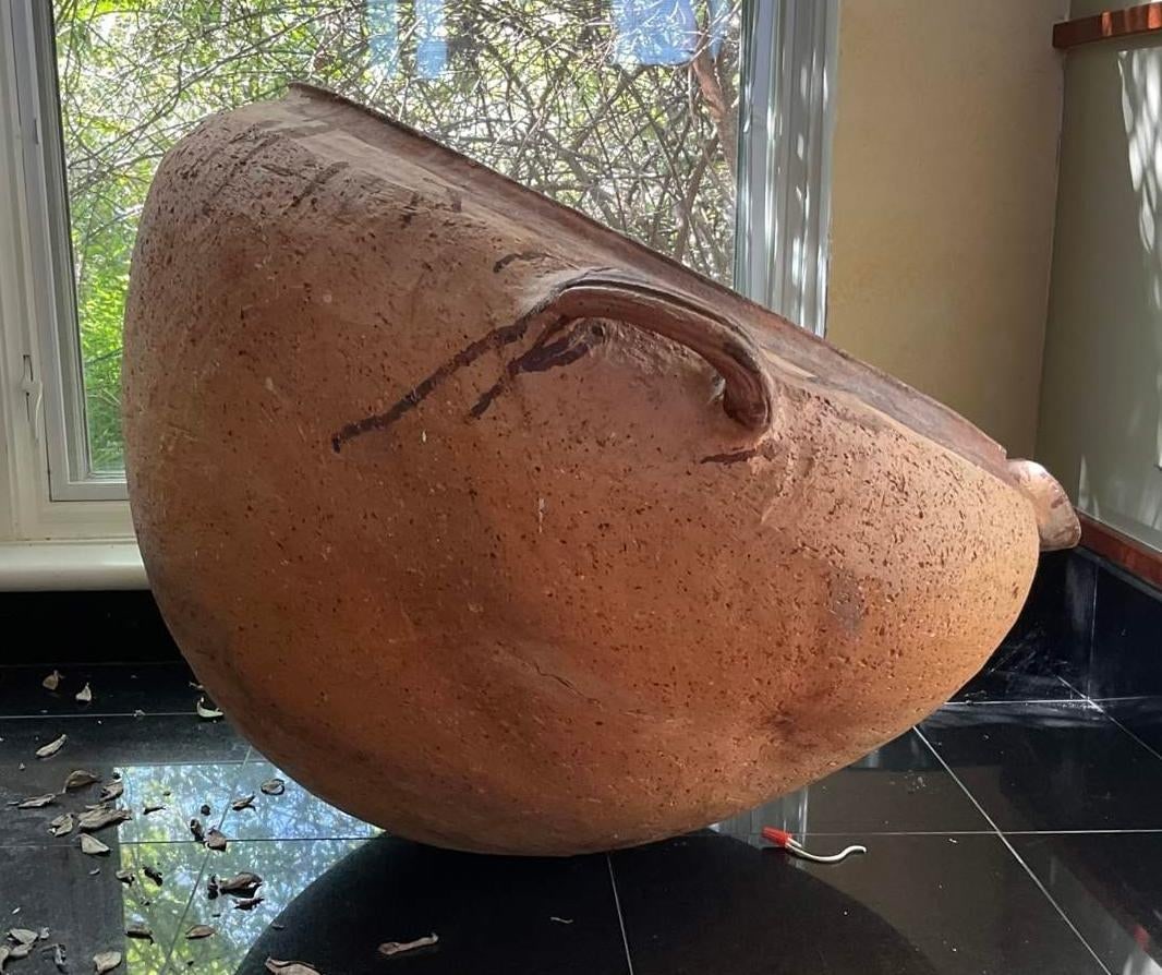 Large Antique Terracotta Vessel With Spout & Handles - 3