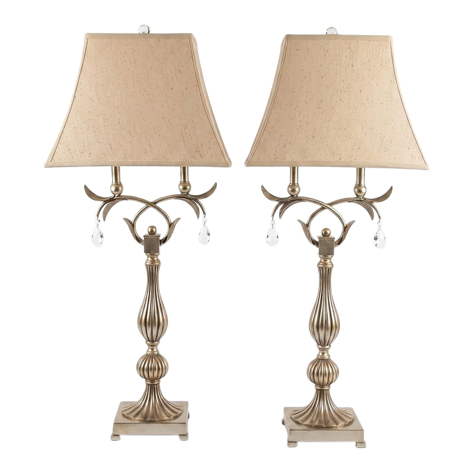 Vintage Palm Beach Regency Hand Gilt Table Lamps by Uttermost - A Pair: This breathtaking pair of Floriane table lamps, originally designed by Uttermost, is a masterclass in the balance between sculptural movement and refined elegance. These pieces are not merely lighting