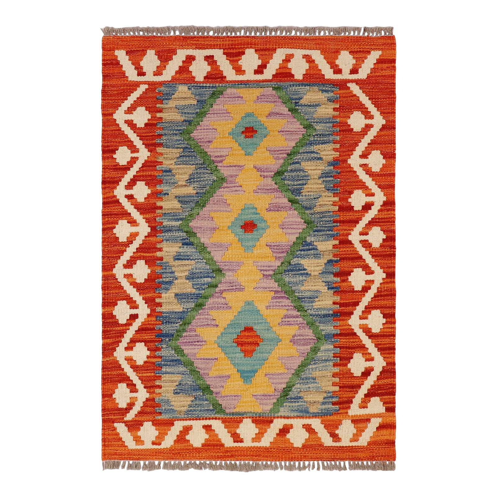 Boho Chic Turkish Kilim Rust Beige Hand-Woven Wool Rug: Elevate the elegance of your home with this stunning hand-woven tribal Kilim wool rug. Meticulously crafted on a loom by the Nomad Turkman people using hand-spun wool and 100% natural vegetable dyes,