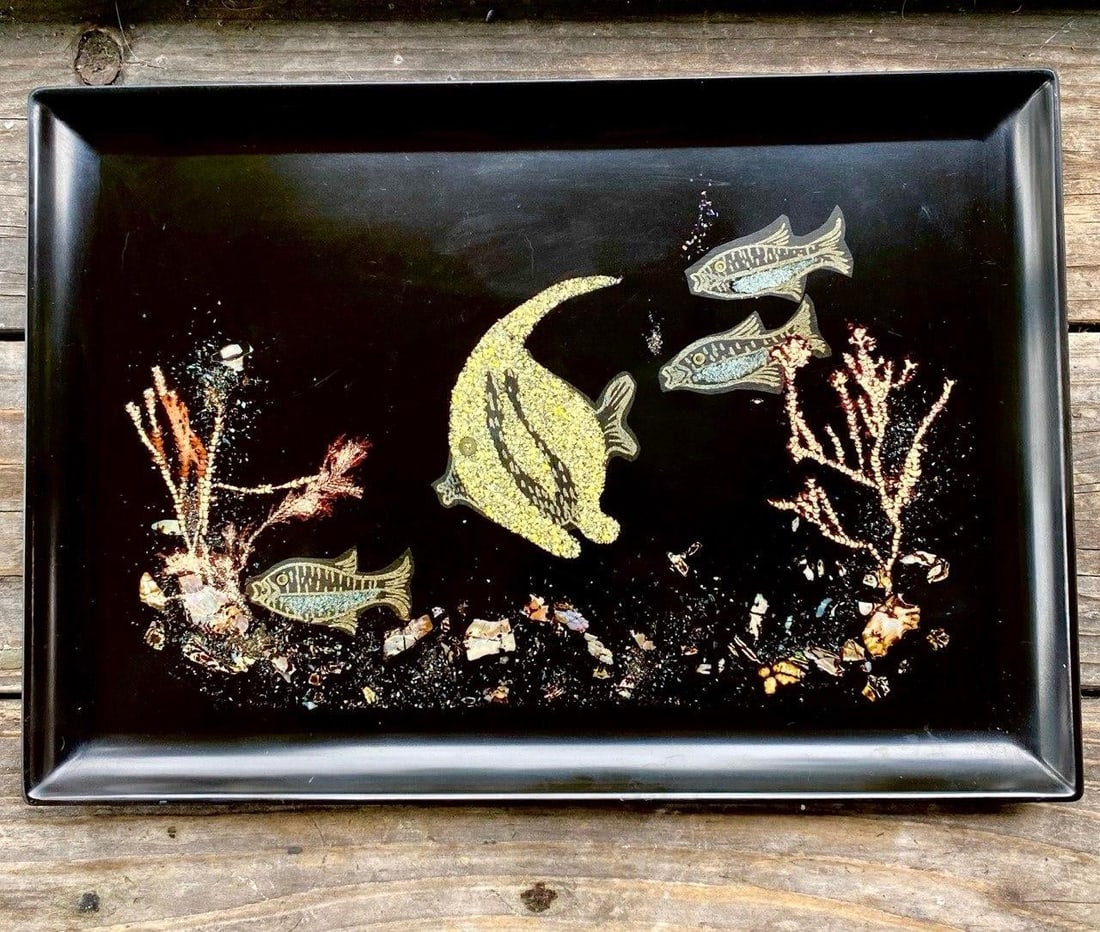 Vintage Couroc of Monterey Undersea Fish Serving Tray - Hand Inlaid Shell & Coral Scene - 2