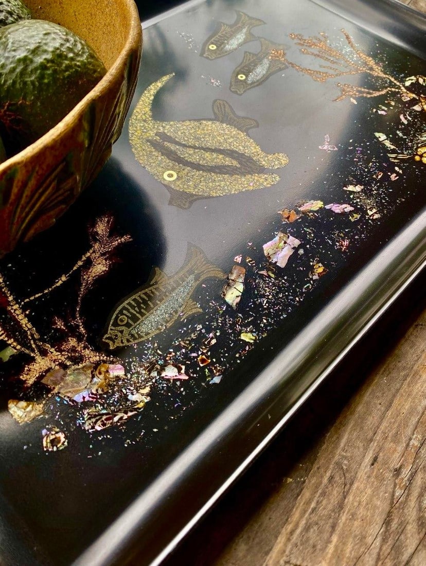 Vintage Couroc of Monterey Undersea Fish Serving Tray - Hand Inlaid Shell & Coral Scene - 5