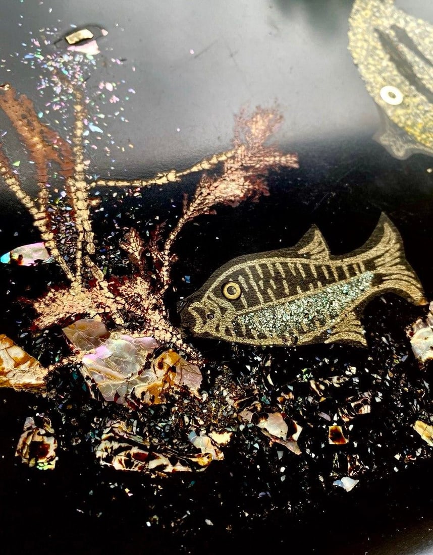 Vintage Couroc of Monterey Undersea Fish Serving Tray - Hand Inlaid Shell & Coral Scene - 7
