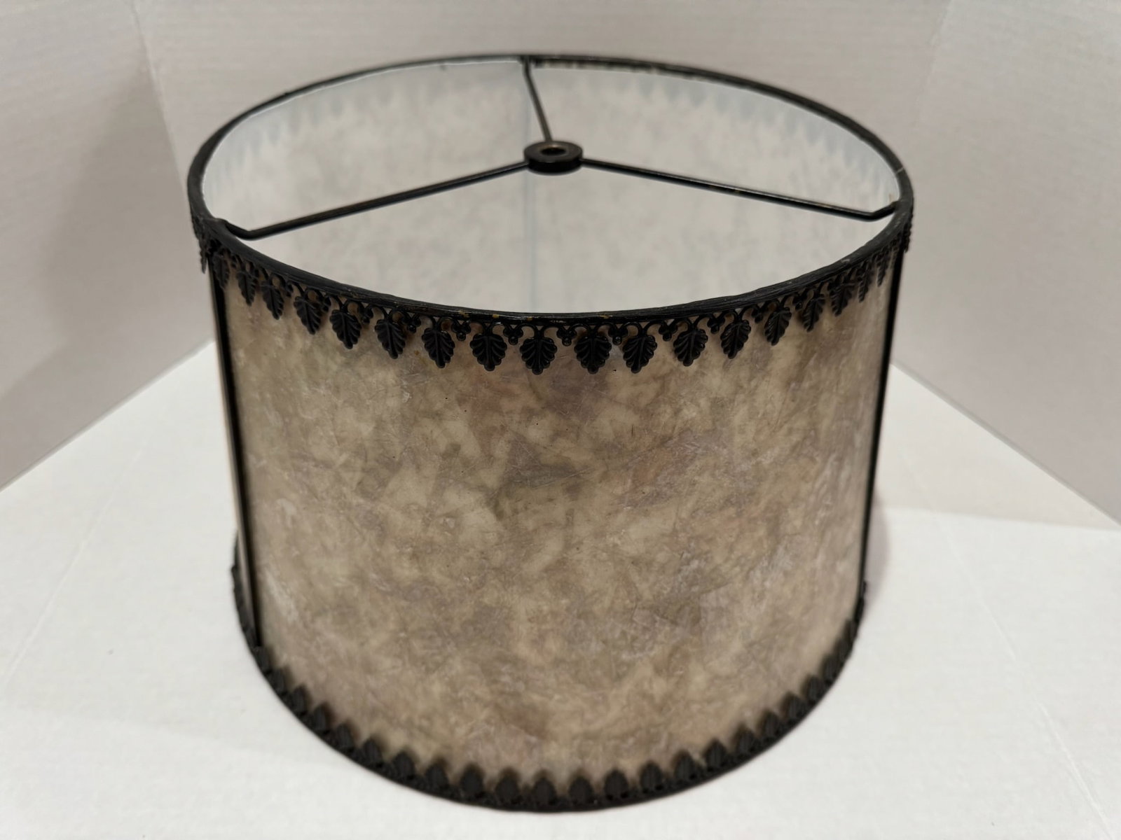 Vintage Mica Parchment Lamp Shade Black Filigree Leaf Trim - 2