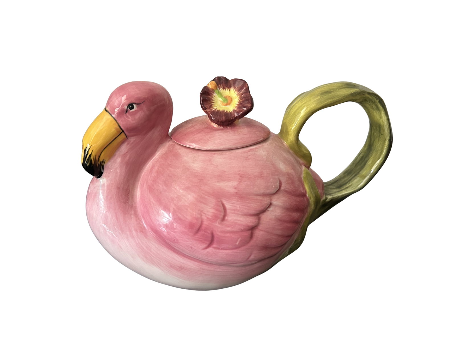 Vintage 1980s Flamingo Teapot - Trompe L'Oeil Majolica-Style Hand-Painted Ceramic Pink Flamingo Tea - 2