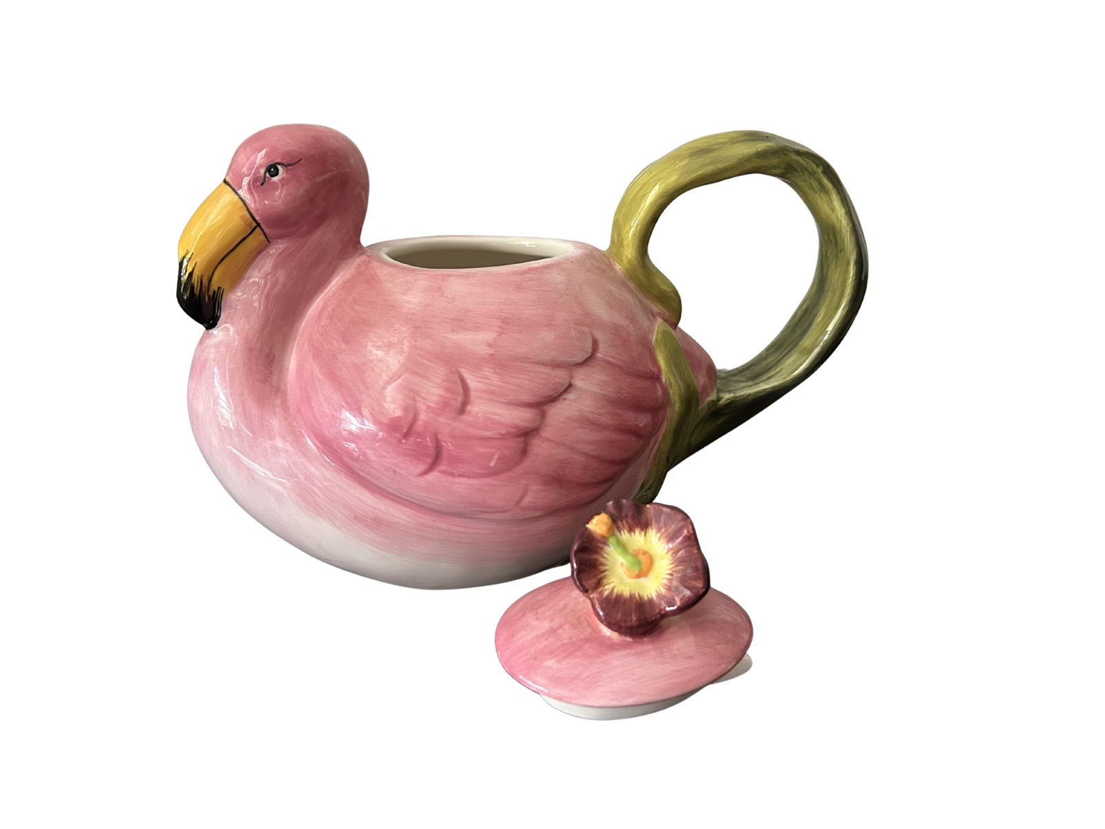 Vintage 1980s Flamingo Teapot - Trompe L'Oeil Majolica-Style Hand-Painted Ceramic Pink Flamingo Tea - 3