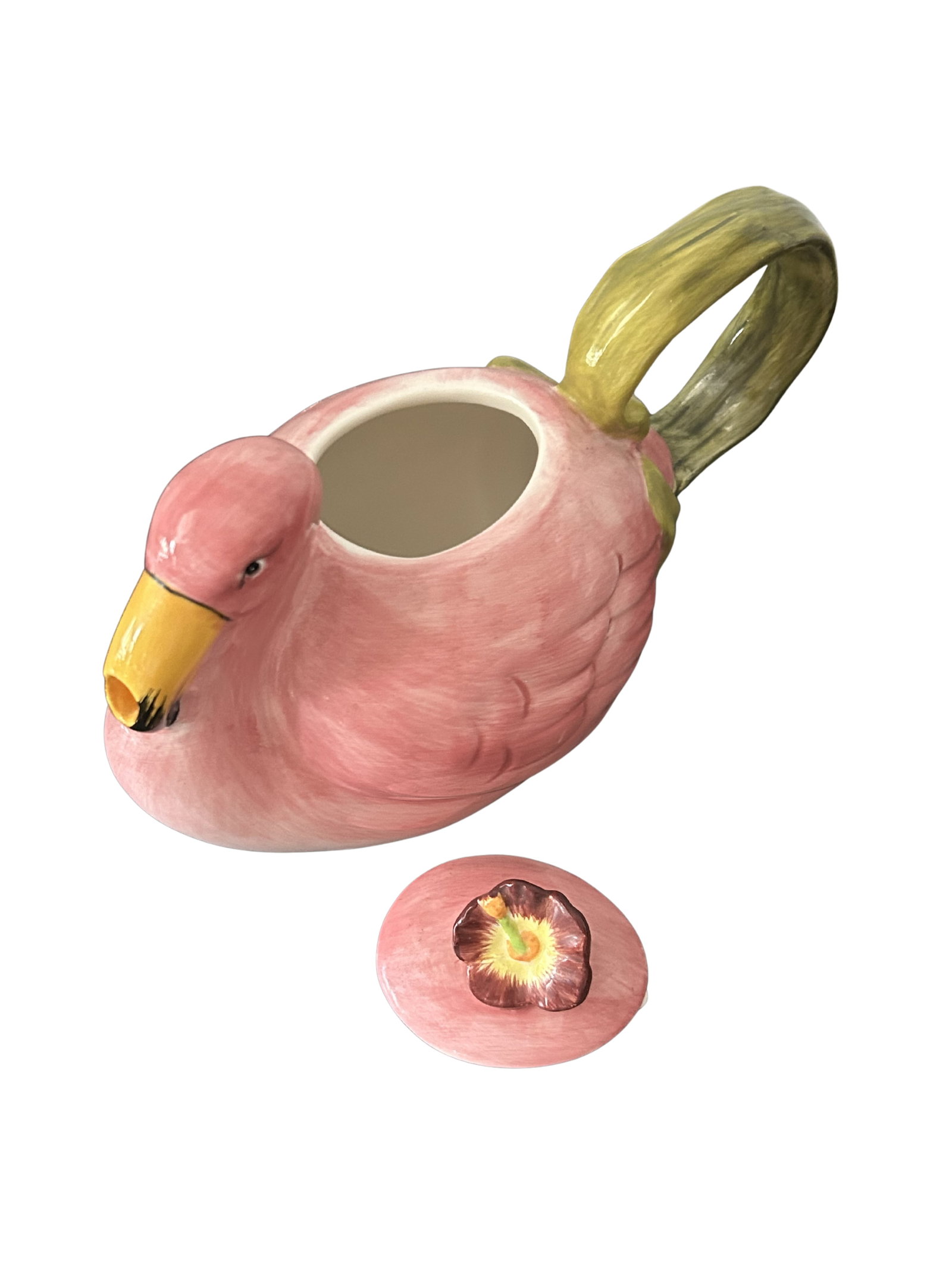 Vintage 1980s Flamingo Teapot - Trompe L'Oeil Majolica-Style Hand-Painted Ceramic Pink Flamingo Tea - 4