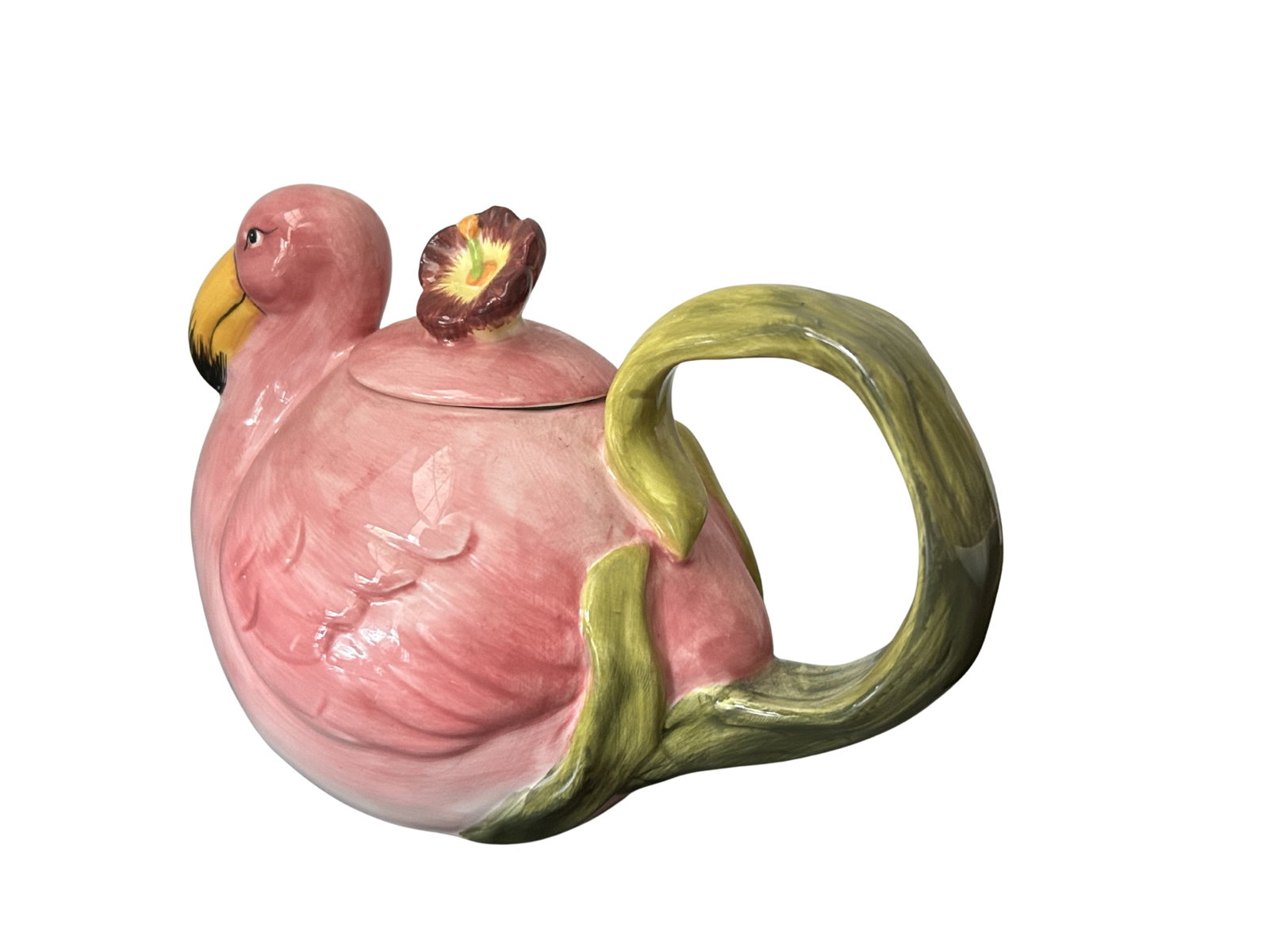 Vintage 1980s Flamingo Teapot - Trompe L'Oeil Majolica-Style Hand-Painted Ceramic Pink Flamingo Tea - 5