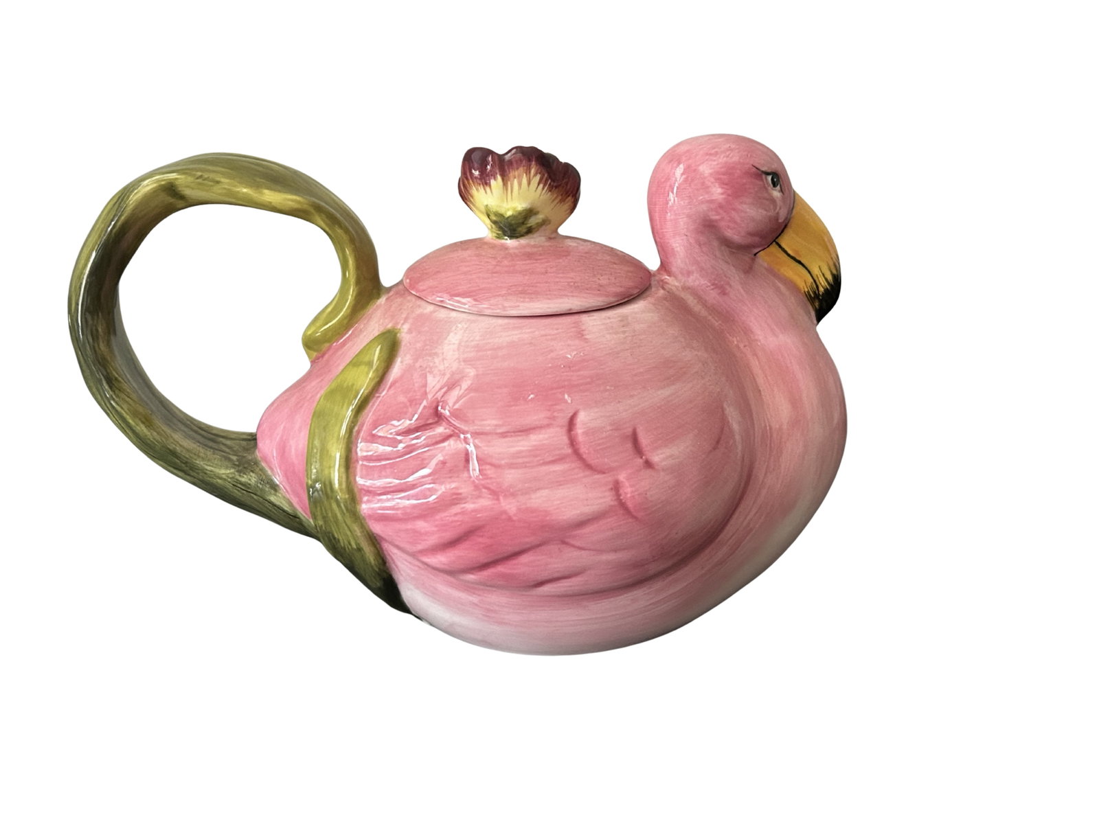 Vintage 1980s Flamingo Teapot - Trompe L'Oeil Majolica-Style Hand-Painted Ceramic Pink Flamingo Tea - 6