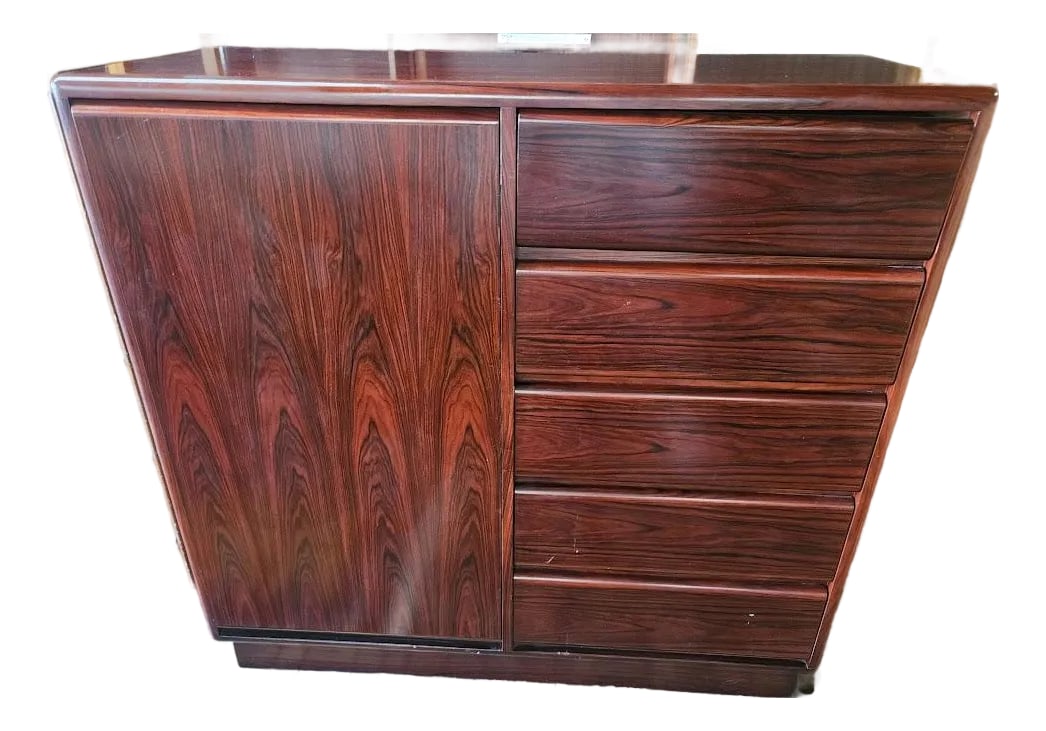 Vintage Mobican Danish Modern Style Rosewood Gentleman's Chest: This is a mid-century modern highboy dresser was handcrafted by the premium Canadian manufacturer, Mobican. Marrying Scandinavian minimalism with high-utility storage, the piece showcases an