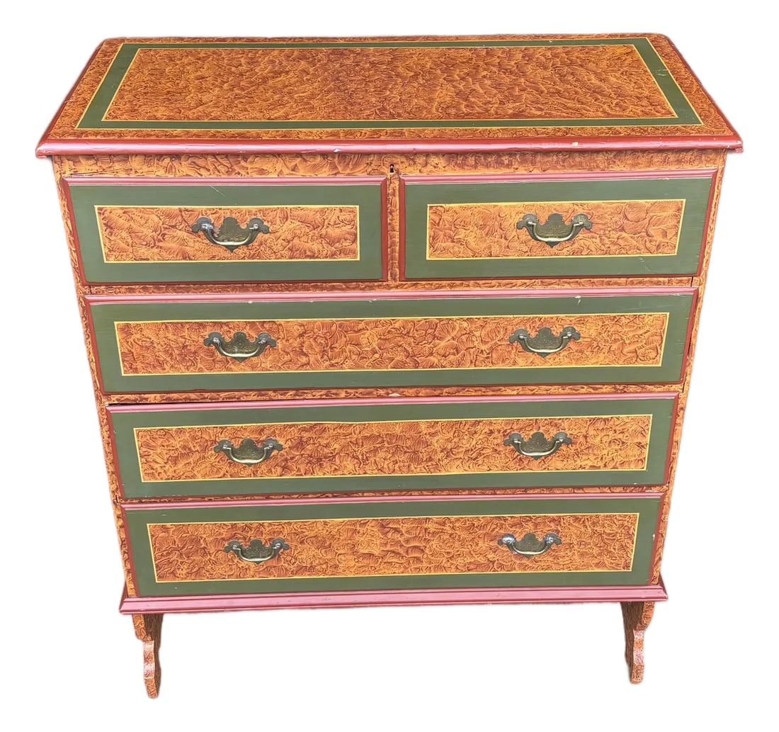 19th C. American Artisan Painted Mule Chest of Drawers: 19th C. American "Mule" Style Chest of Drawers This beautiful and very clean piece is distinguished by one of the finest faux-finish artisan paint treatments we've ever seen. Strong and bold hunter