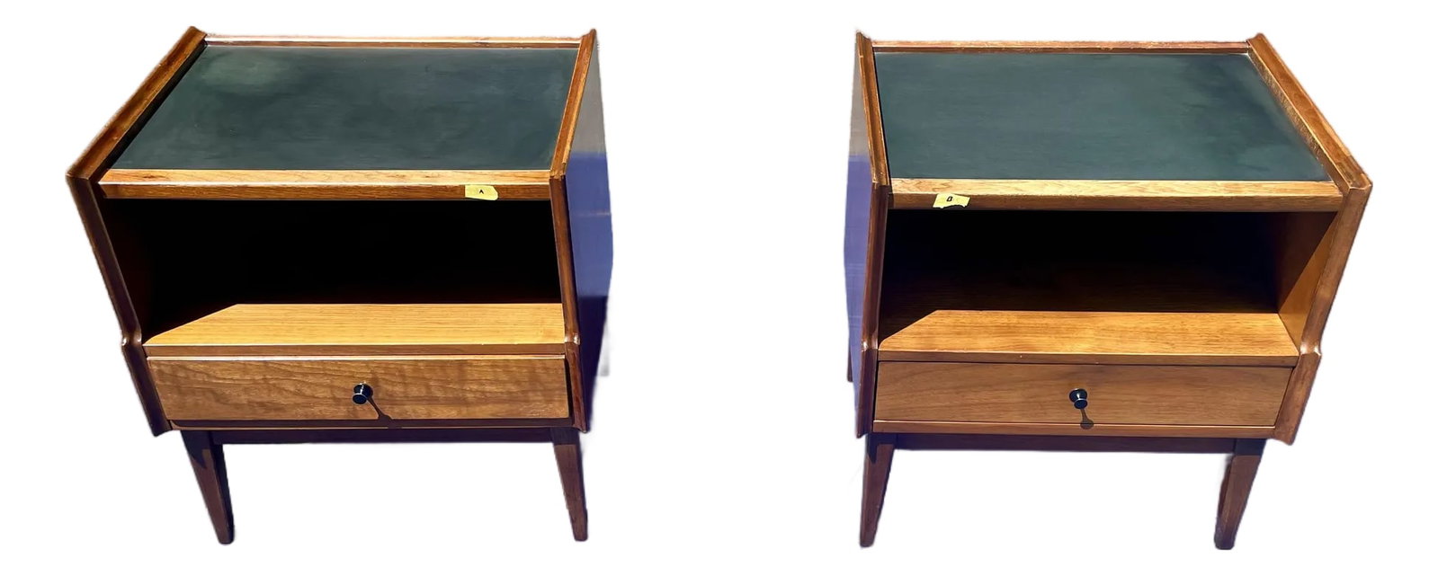 Mid 20th Century American of Martinsville Walnut Nightstands/End Tables MCM, Pair: Elevate your bedroom aesthetic with this exceptional, authentic pair of mid-century modern walnut nightstands manufactured by the renowned American of Martinsville. Embodying the sleek lines and