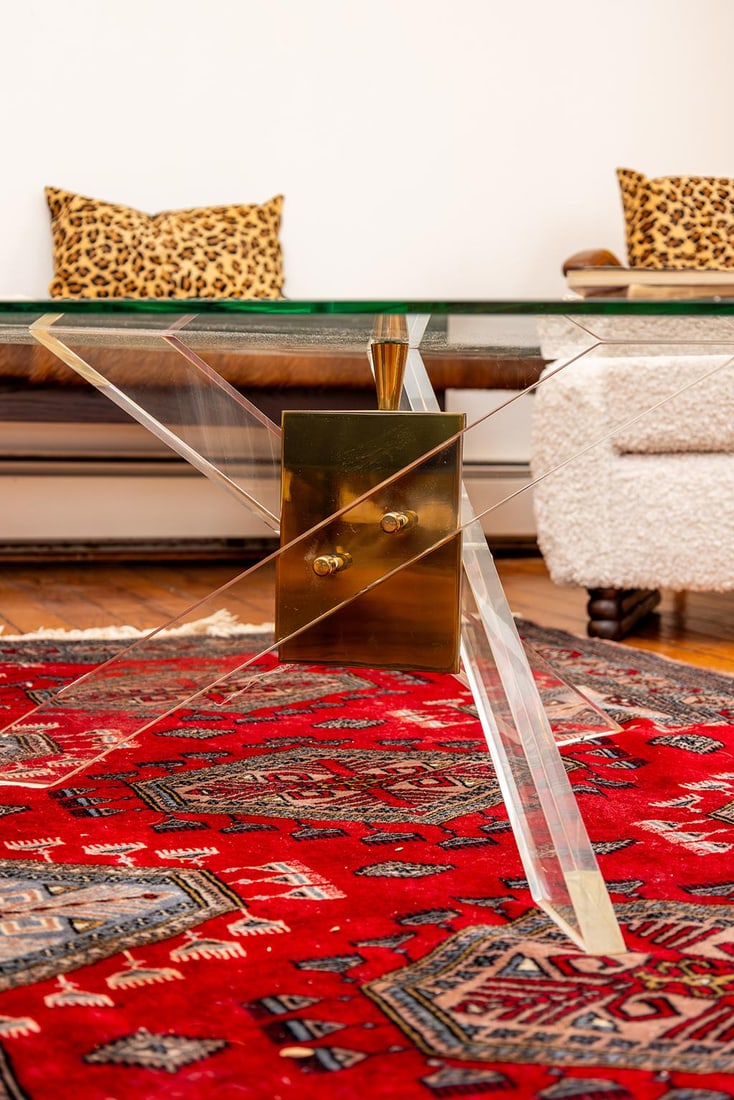 Mid Century Coffee Table With Angled Brass and Lucite Base With Triangle Glass Top - 10