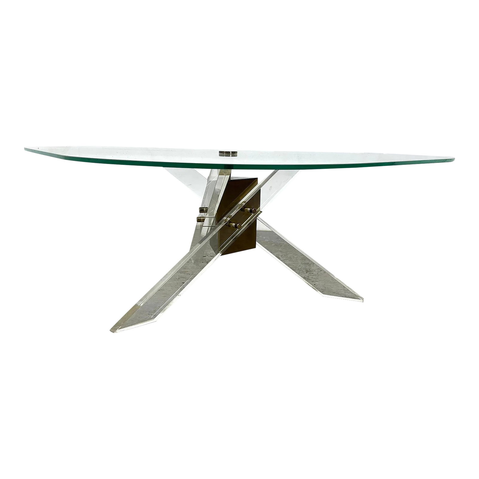Mid Century Coffee Table With Angled Brass and Lucite Base With Triangle Glass Top: Sculptural Mid-Century Modern coffee table with lucite and brass 'JAX' style tripod base with glass top. Circa 1970s. Dimensions: 15.75"H x 49.5"W x 34.75"D Condition: In good condition with minimal