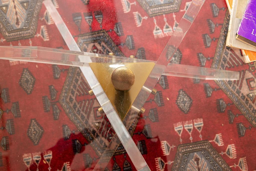Mid Century Coffee Table With Angled Brass and Lucite Base With Triangle Glass Top - 4