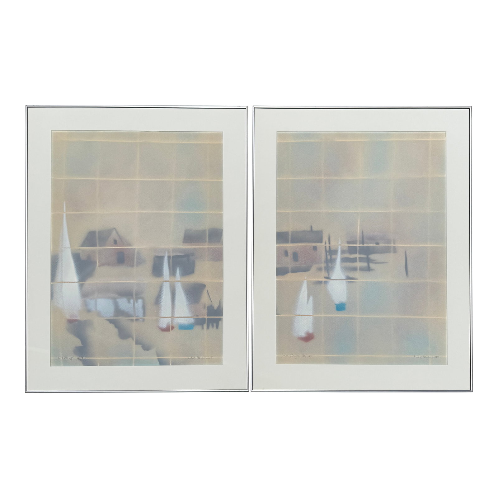 "Inlet Harbour 1 & 2" Limited Edition by Mel Stauffer: The artworks shown in the image is a limited edition diptych serigraphs set titled "Inlet Harbour I & II" by the American contemporary artist Mel Stauffer. Both are number 41/250. Mel Stauffer (an Ind