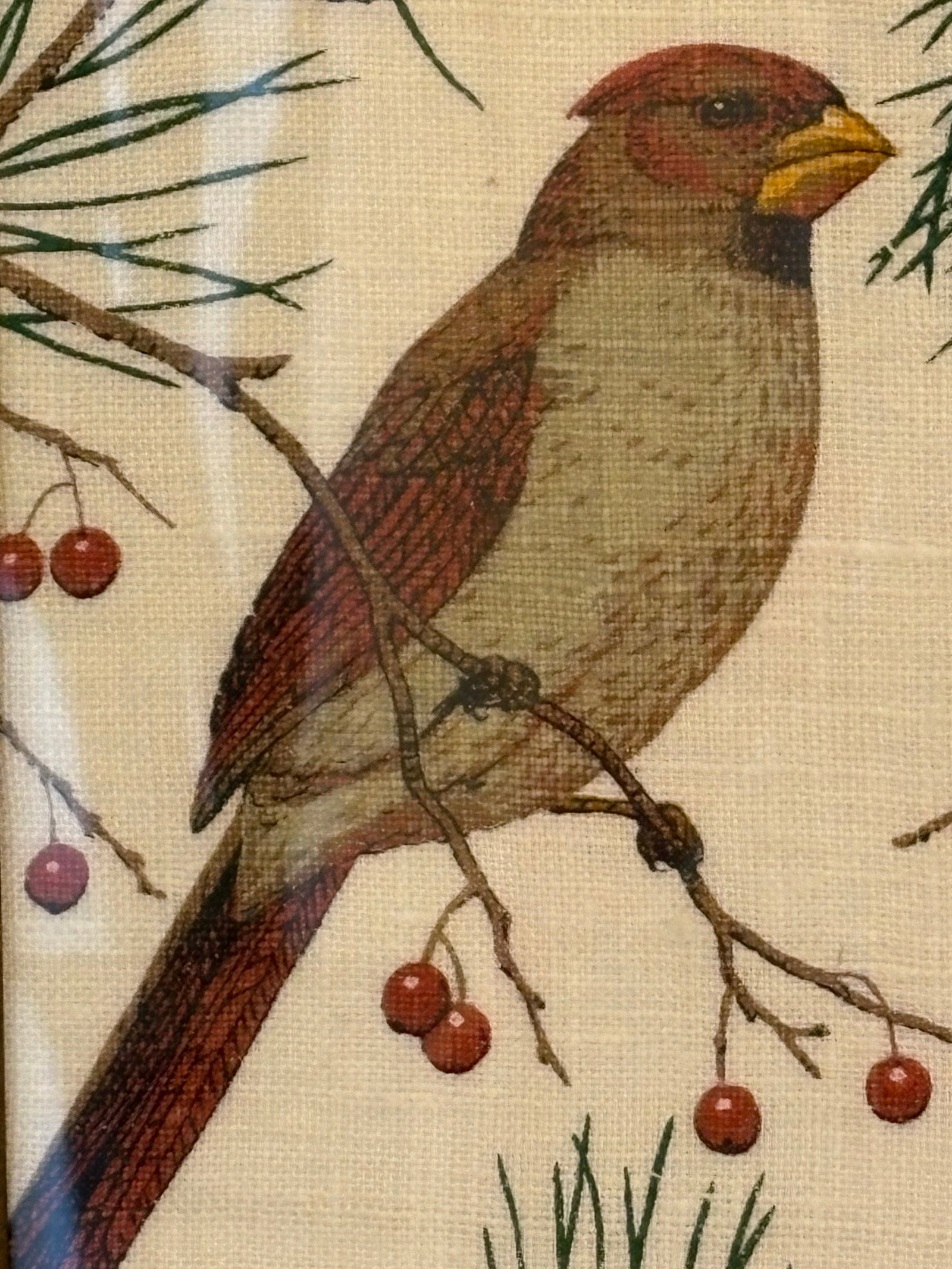Vintage KayDee Designs Featuring Cardinals Framed in Hand Printed Linen Textiles - 2