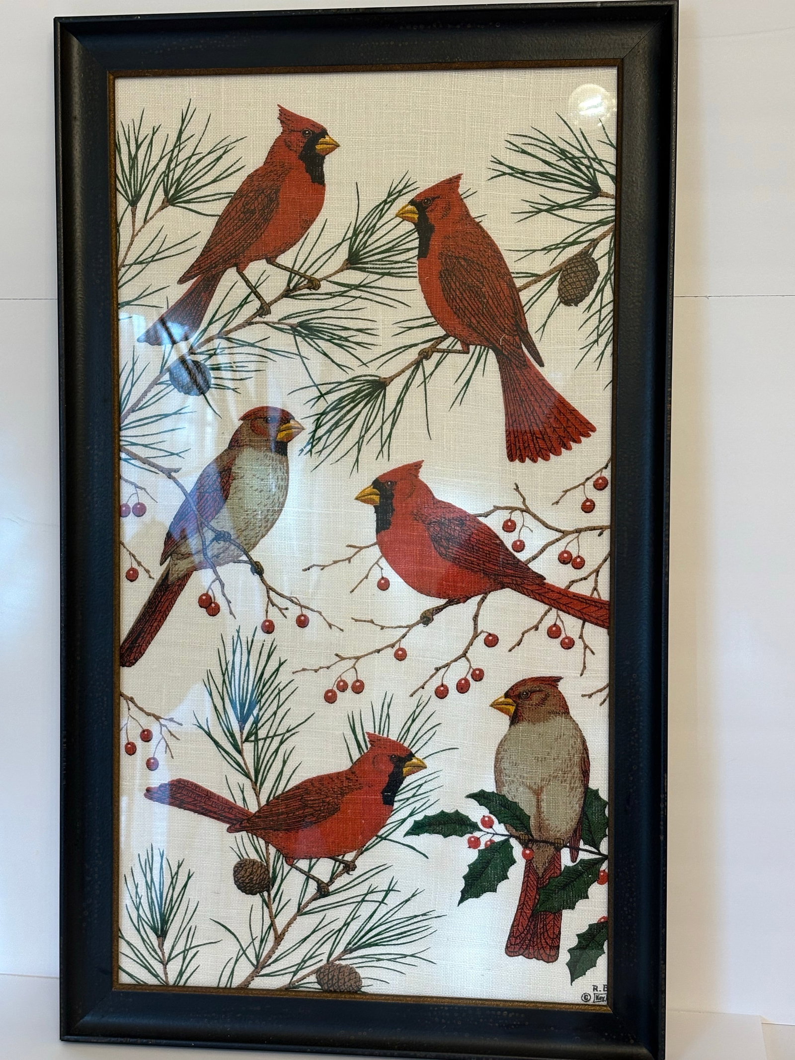 Vintage KayDee Designs Featuring Cardinals Framed in Hand Printed Linen Textiles - 3