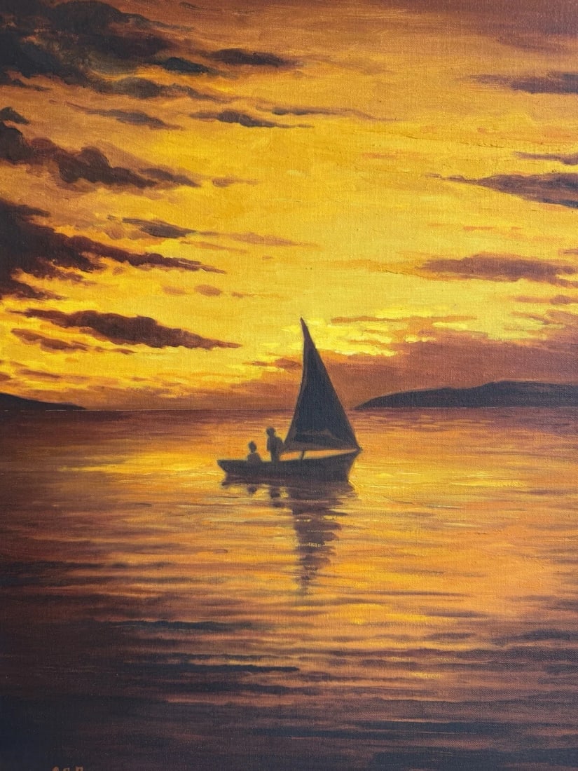1972 Framed Oil Painting of a Sailboat & Sunset Signed by Puerto Rico Artist CC Furcster - 2