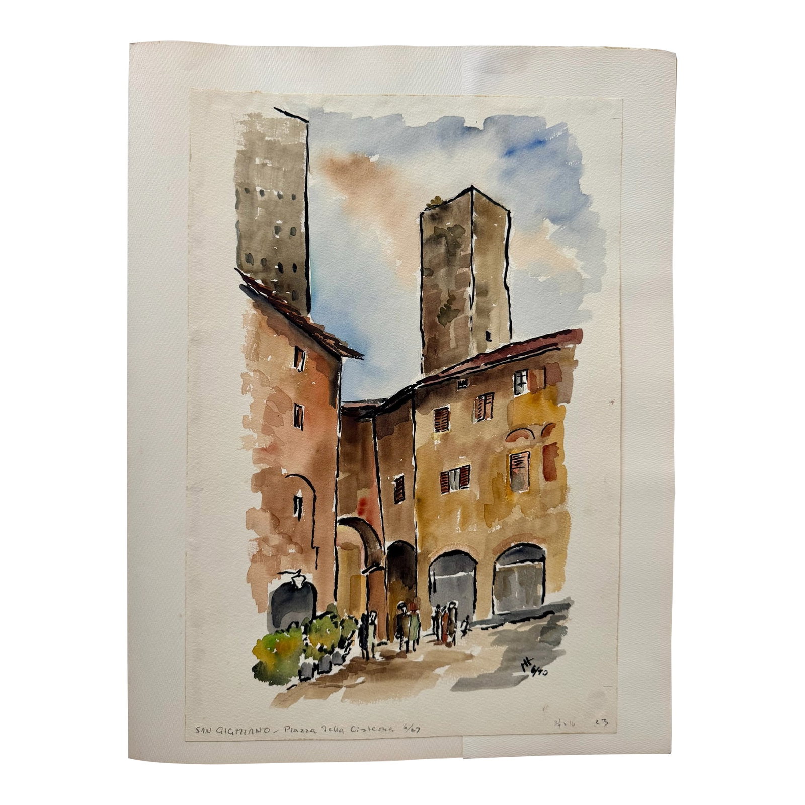 Henry Emil Salloch Original Watercolor on Paper St. Gimignano, Piazza Della Cisterna, Italy. 1970.: Original watercolor on paper by Henry Emil Salloch, also known as Heinz Emil Salloch, the German-born American artist and graphic designer who emigrated to the United States in 1937. This unframed