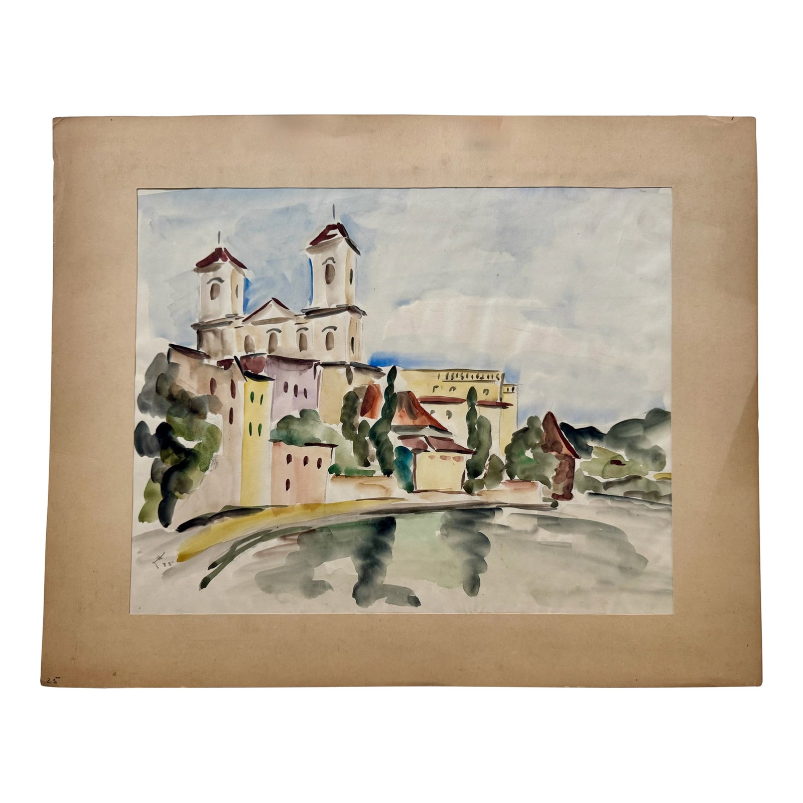 Henry Emil Salloch Original Watercolor on Paper Riverside Basilica Study, 1935.: Original watercolor on paper by Henry Emil Salloch, also known as Heinz Emil Salloch, the German-born American artist and graphic designer who emigrated to the United States in 1937. This unframed