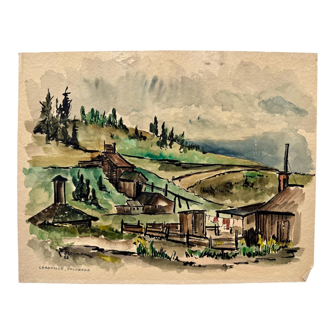 Henry Emil Salloch Original Watercolor on Paper Leadville, Colorado. 1956.: Original watercolor on paper by Henry Emil Salloch, also known as Heinz Emil Salloch, the German-born American artist and graphic designer who emigrated to the United States in 1937. This unframed