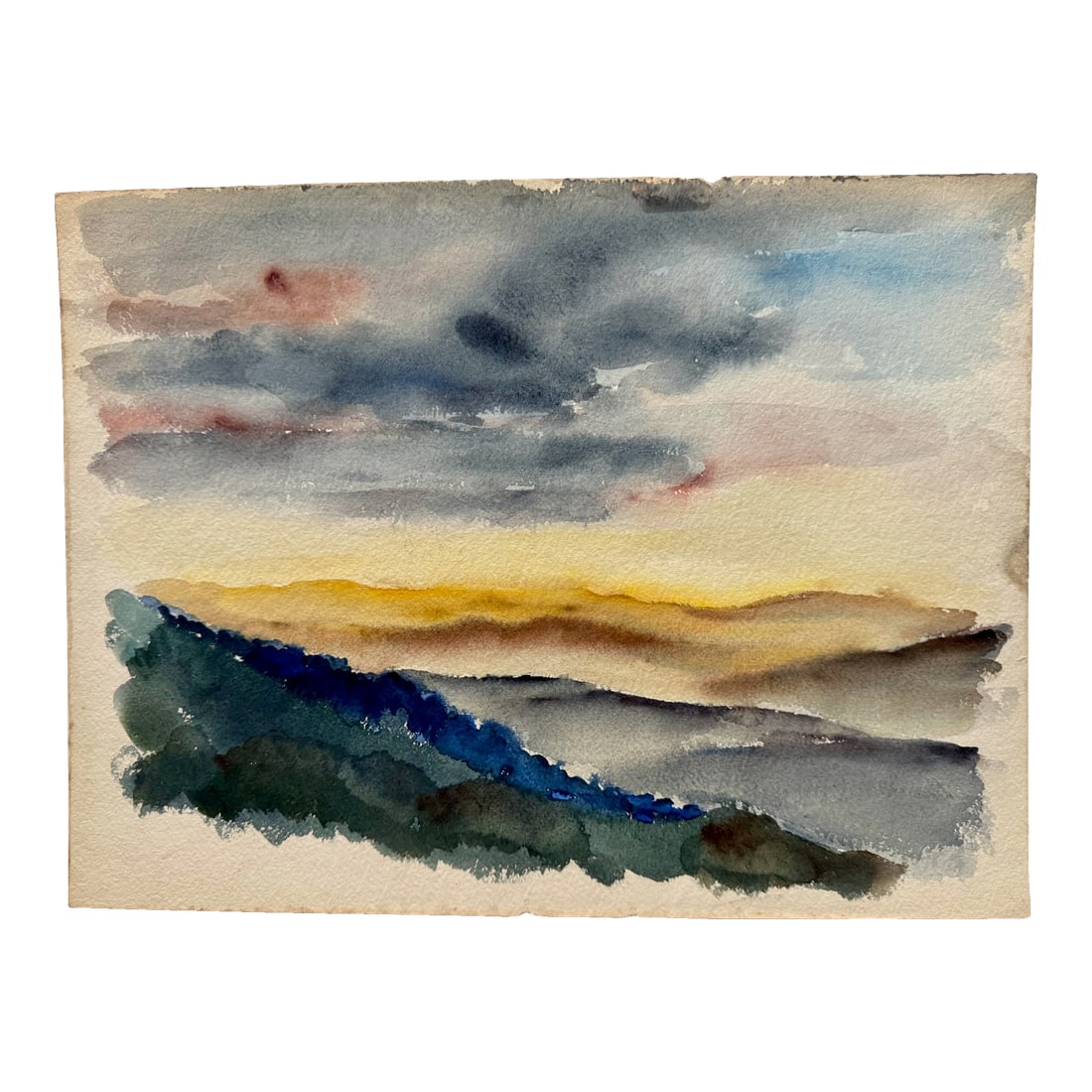 Henry Emil Salloch Original Watercolor on Paper Panoramic Sunset.: Original watercolor on paper by Henry Emil Salloch, also known as Heinz Emil Salloch, the German-born American artist and graphic designer who emigrated to the United States in 1937. This unframed