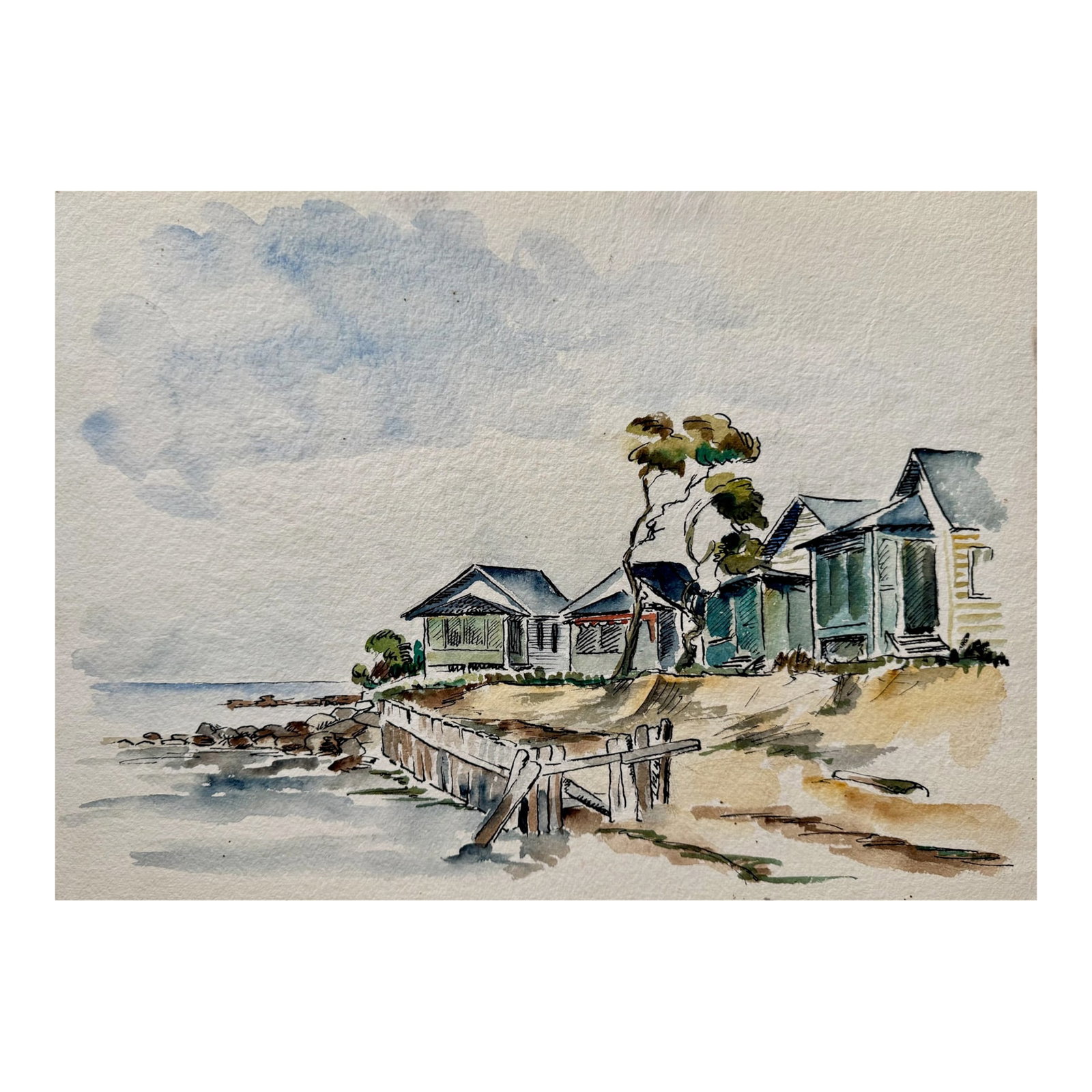 Henry Emil Salloch Original Watercolor on Paper Coastal Cottages.: Original watercolor on paper by Henry Emil Salloch, also known as Heinz Emil Salloch, the German-born American artist and graphic designer who emigrated to the United States in 1937. This unframed