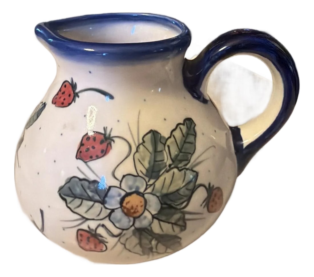 1990s W.R. Ceramika Unikat "Strawberies and Blossoms" Polish Pottery Pitcher - Signed: The W.R. Ceramika Unikat "Strawberries and Blossoms" Polish Pottery Pitcher is a beautifully hand-painted ceramic pitcher with a multicolor floral pattern. The round pitcher stands at 5.5 inches tall