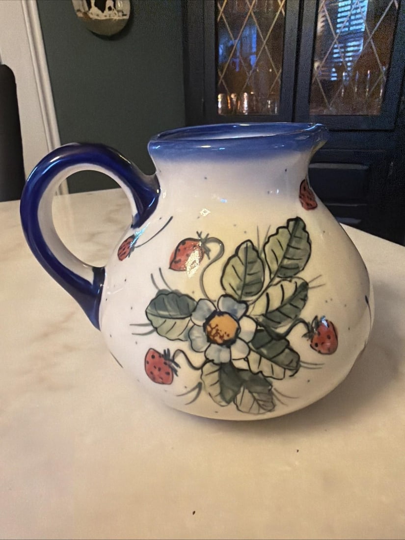1990s W.R. Ceramika Unikat "Strawberies and Blossoms" Polish Pottery Pitcher - Signed - 2