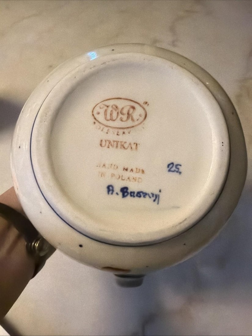 1990s W.R. Ceramika Unikat "Strawberies and Blossoms" Polish Pottery Pitcher - Signed - 6